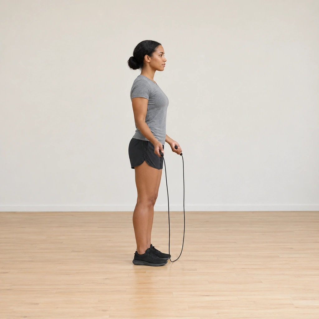She stands tall with feet together and the rope resting in front of her toes on the floor, one handle in each hand held low beside her hips.