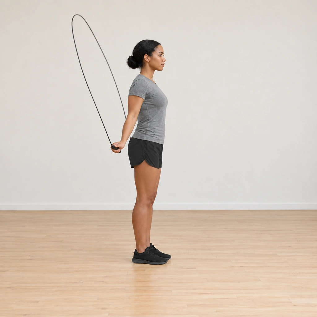 The rope is arcing up behind her body toward overhead as it travels backward; her arms carry the turn from low beside her hips.