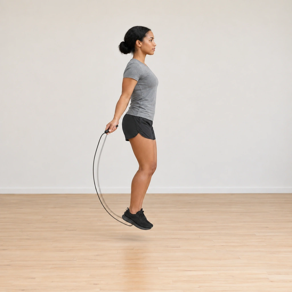 She is just airborne with the rope swinging down behind her heels and passing under her feet; her knees stay softly bent and tall posture held.