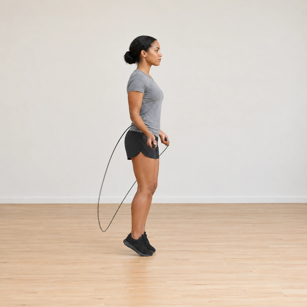 She lands softly on the balls of her feet, the rope already swinging on around behind her for the next backward pass.