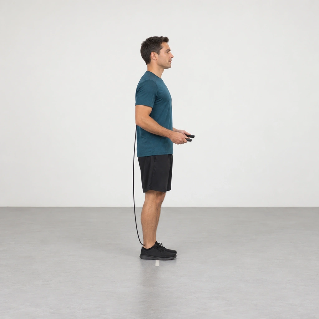 A man standing tall in side view on a floor mark, feet together, holding a rope handle in each hand in front of his hips while the rope hangs in a loop behind him resting on the backs of his ankles.