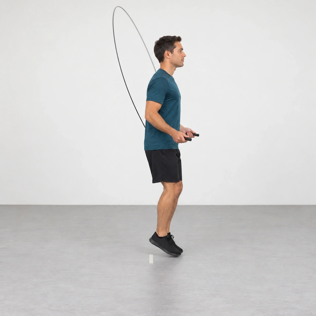 The same man in side view, landed on the balls of both feet together a small step forward of the floor mark toward frame right, knees softly bent, the rope's lower arc rising behind his heels toward his shoulders.