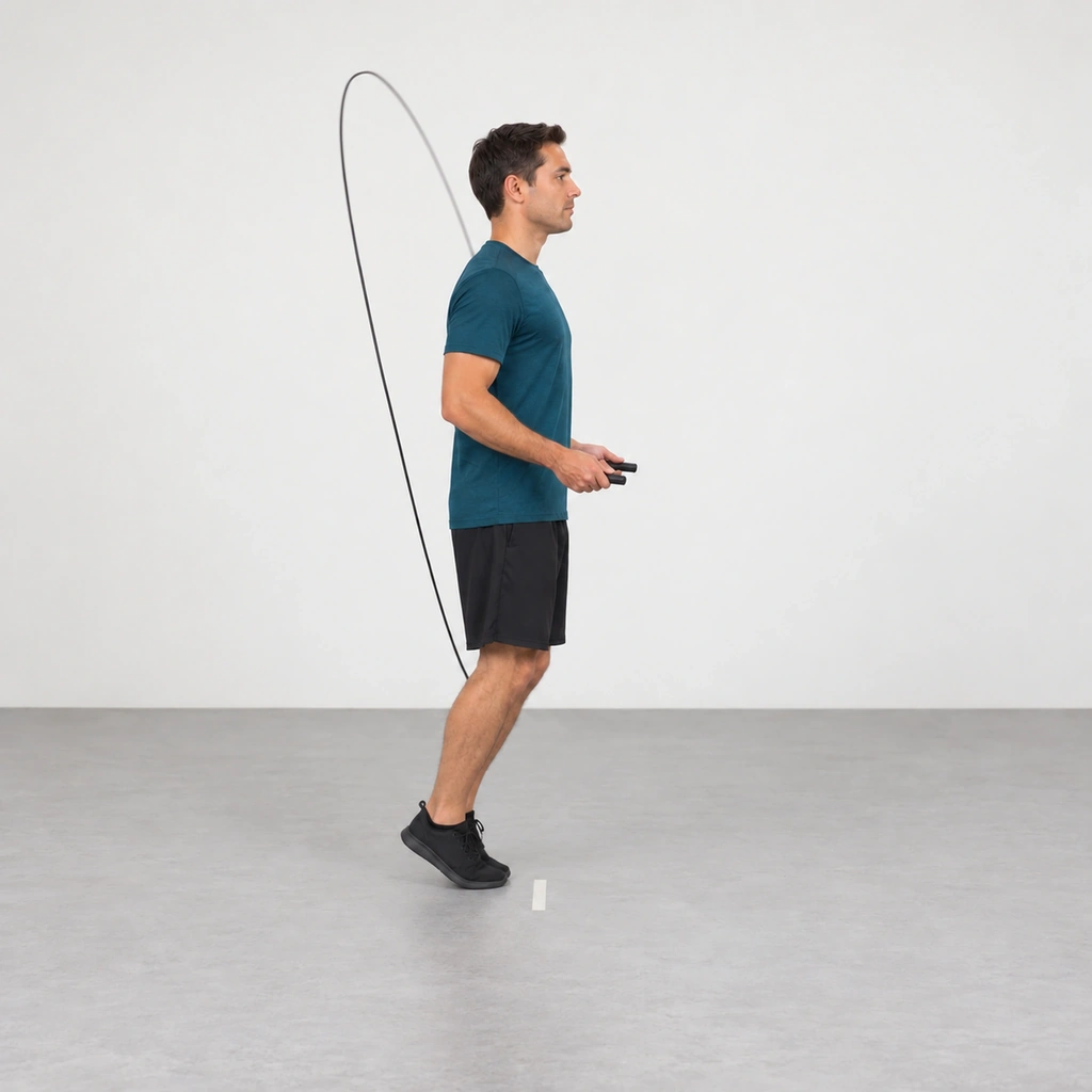 The same man in side view, landed on the balls of both feet together a small step behind the floor mark toward frame left, knees softly bent, the rope's lower arc rising behind his heels toward his shoulders.