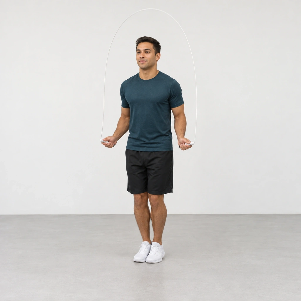 A man landed from a two-foot bounce with both feet together, holding rope handles at his sides, the rope's arc rising behind him.