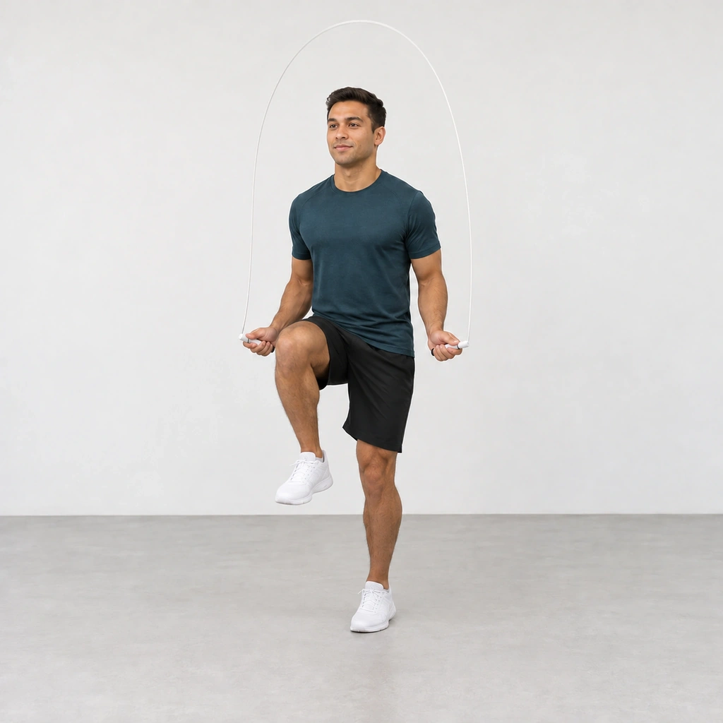 The same man landed on his left leg, the right knee lifted in front with the shin hanging and the right foot off the floor.