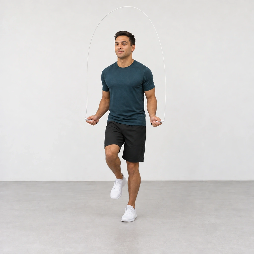 The same man landed on his left leg, the right knee dropped toward vertical and the right foot hovering just above the floor.