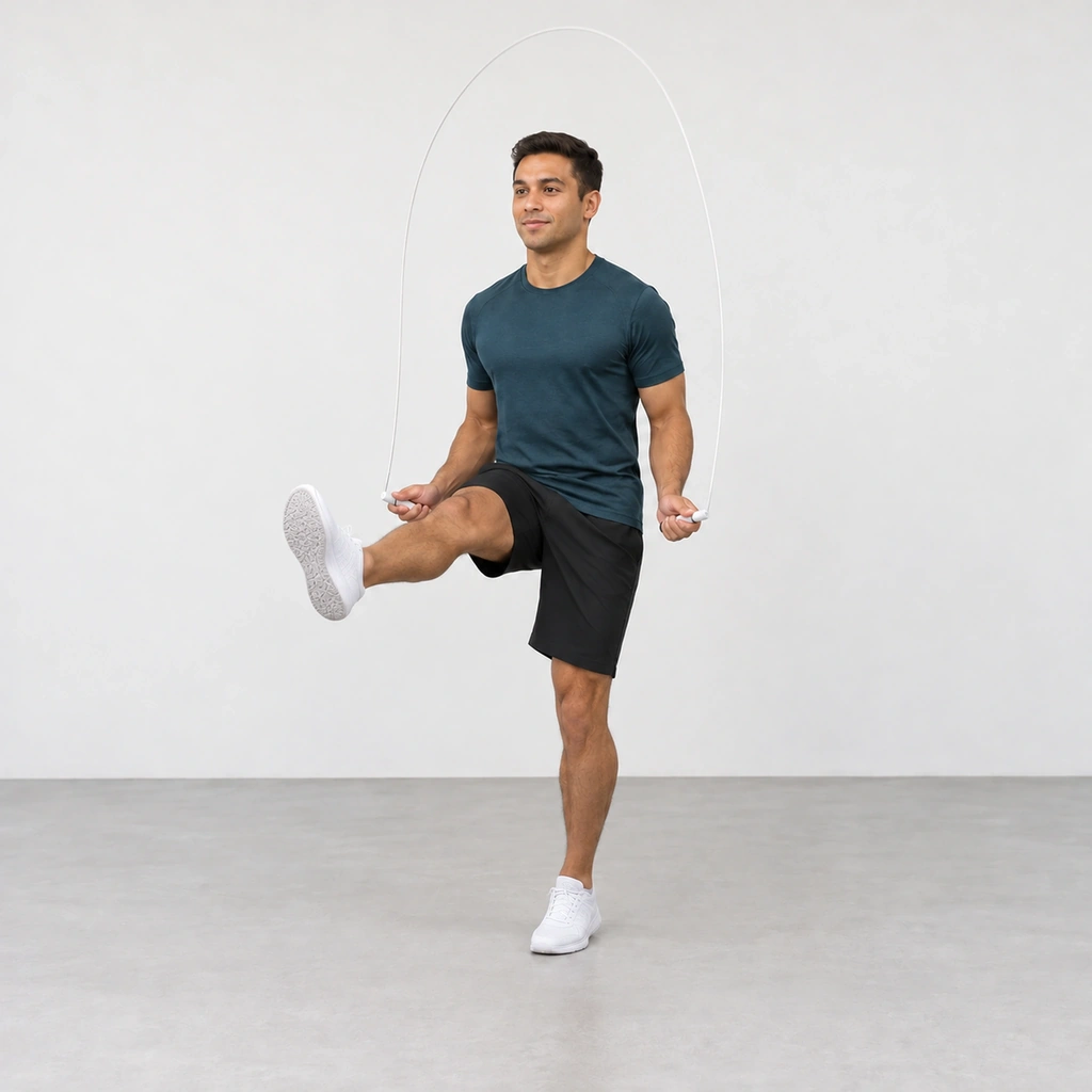 The same man landed on his left leg, the right lower leg kicked forward and out at about knee height.