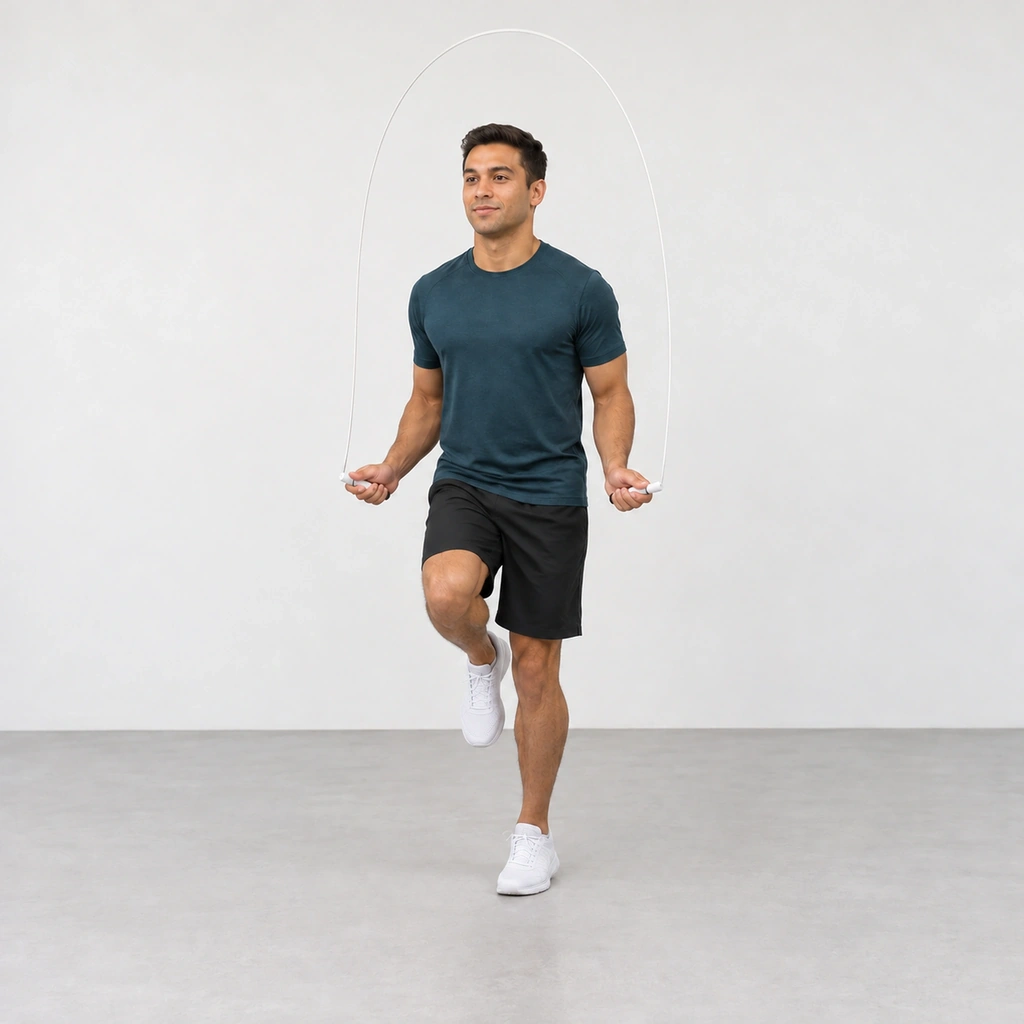 The same man landed on his left leg, the right leg folded back in with the foot hovering beside the standing leg.