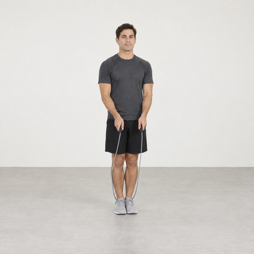 A man standing upright facing the camera, feet together, a rope handle in each hand held in front of him at hip level, the rope's loop lying on the floor behind his ankles.