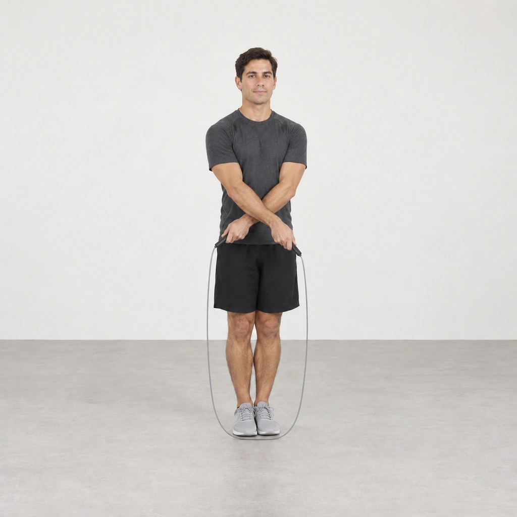 The same man standing with his feet planted and together, his forearms crossed low in front of his hips with each hand out beside the opposite hip, the rope lying on the floor in front of his toes.