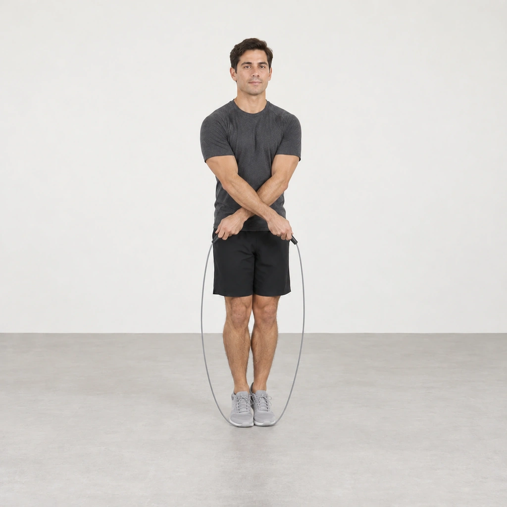 The same man at push-off, heels lifted high with only the balls and toes of his shoes on the floor, forearms still crossed low in front of his hips, the rope lying on the floor just in front of his toes.