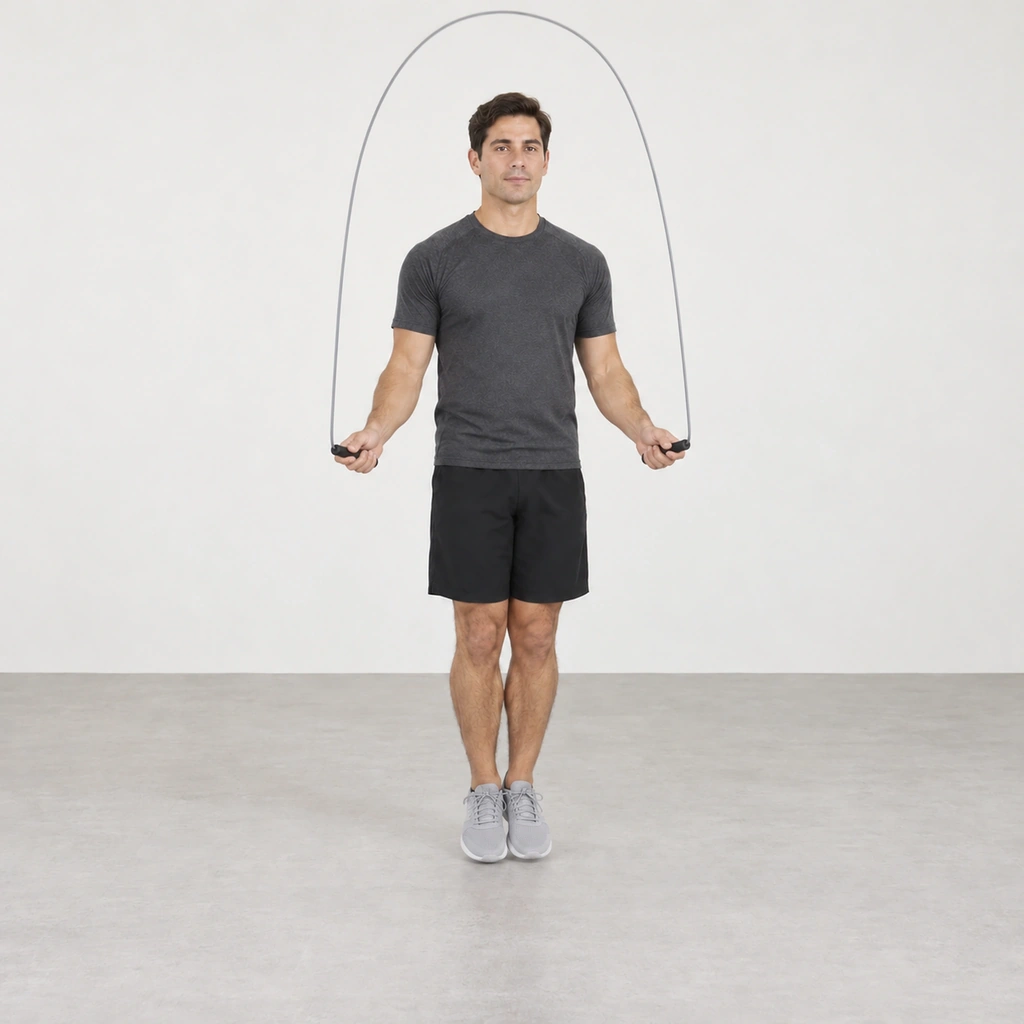 The same man on the balls of his feet with heels slightly lifted, arms open again with a handle in each hand at hip level, the rope arcing overhead.