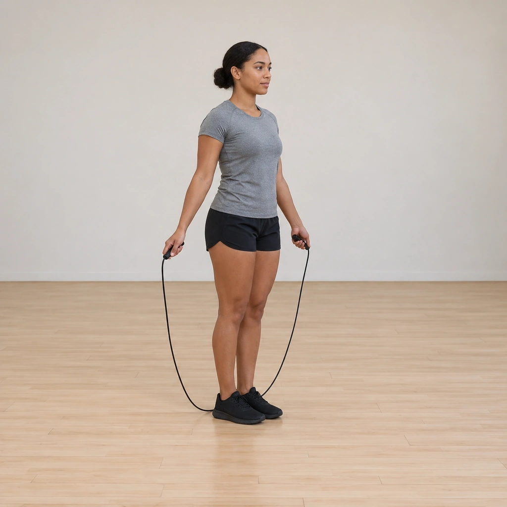 She stands ready, the rope held behind her feet, hands at hip height, arms uncrossed, looking forward.