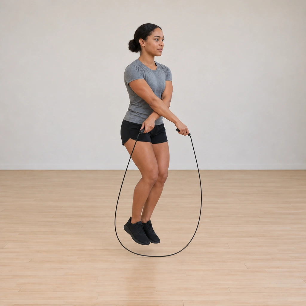 She crosses her arms in front of her chest as the rope swings down, the loop narrowing toward her feet while she hops to meet it.