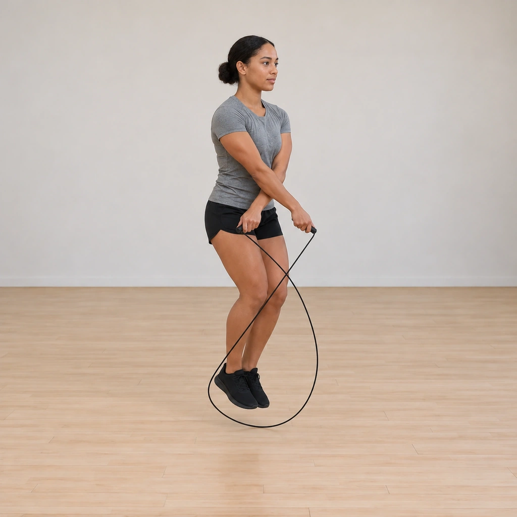 She is mid-jump, feet off the floor, the narrowed rope loop passing under her crossed arms and beneath her feet.