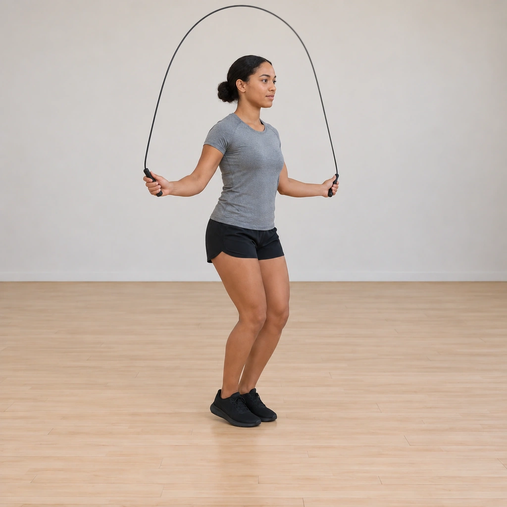 She lands and separates her arms back out to hip height, the rope continuing its turn for the next pass.