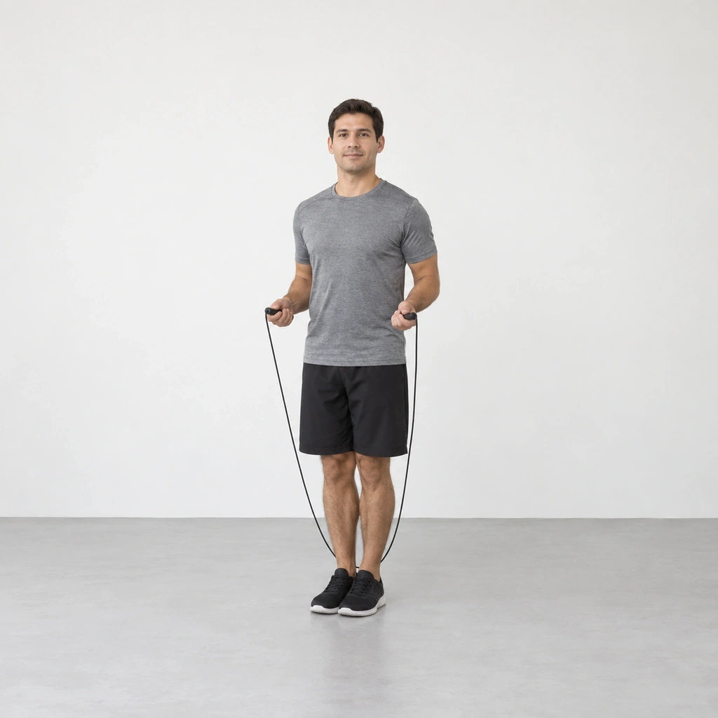 A man standing tall facing the camera with his feet together, both hands holding rope handles in front of him at waist height, and the rope resting on the backs of his ankles.