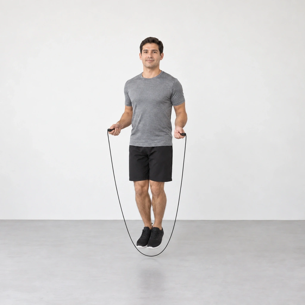 The same man caught mid-flight on a small bounce, both feet just clear of the floor, the rope's arc passing beneath his raised feet, hands still at waist height.