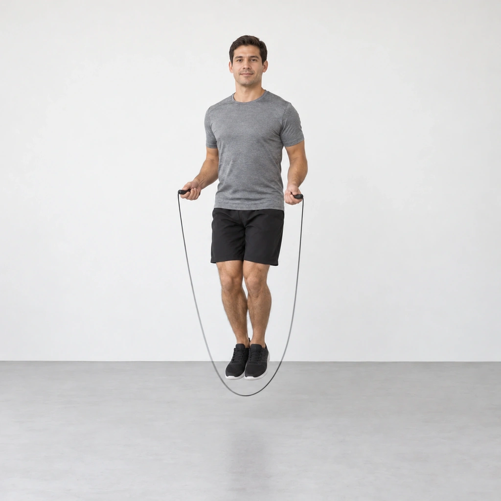 The same man caught early in a clearly higher jump, both feet well clear of the floor, the rope's arc passing beneath the raised feet, hands at waist height.
