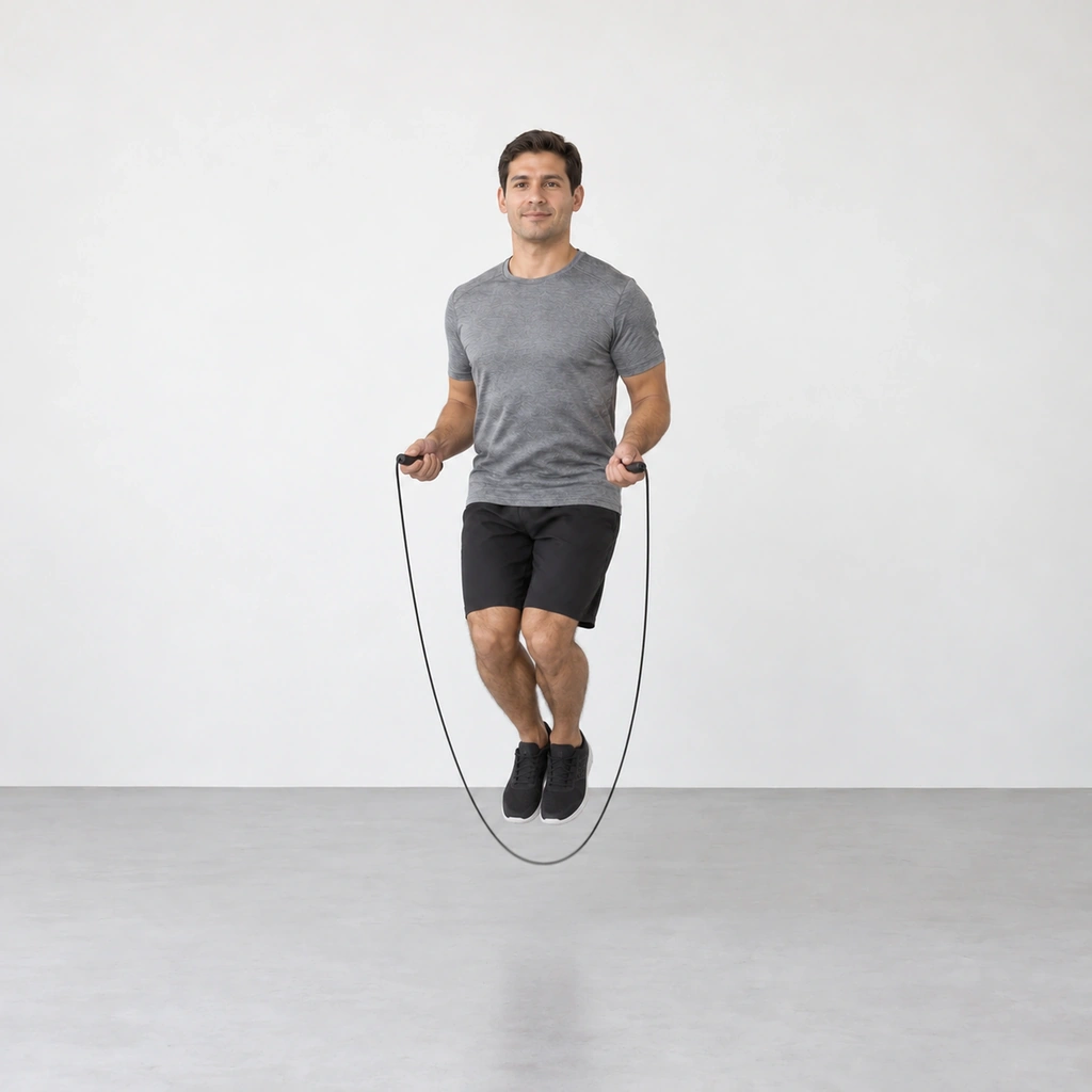 The same man still airborne near the top of the higher jump beginning to descend, knees slightly drawn up, the rope sweeping beneath his feet for its second pass.