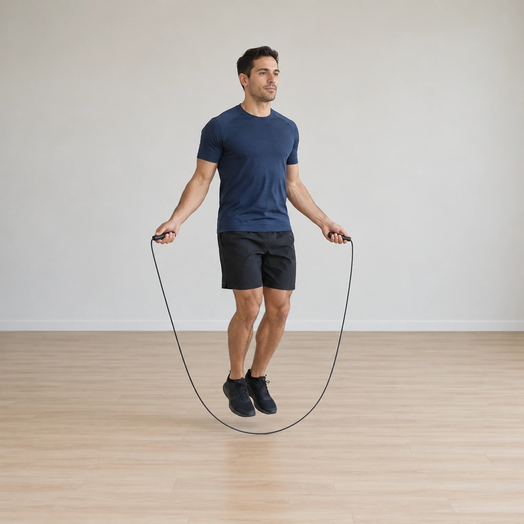 He is mid-skip over the turning rope, both feet together under him, elbows near his sides, ready to tap a heel forward.