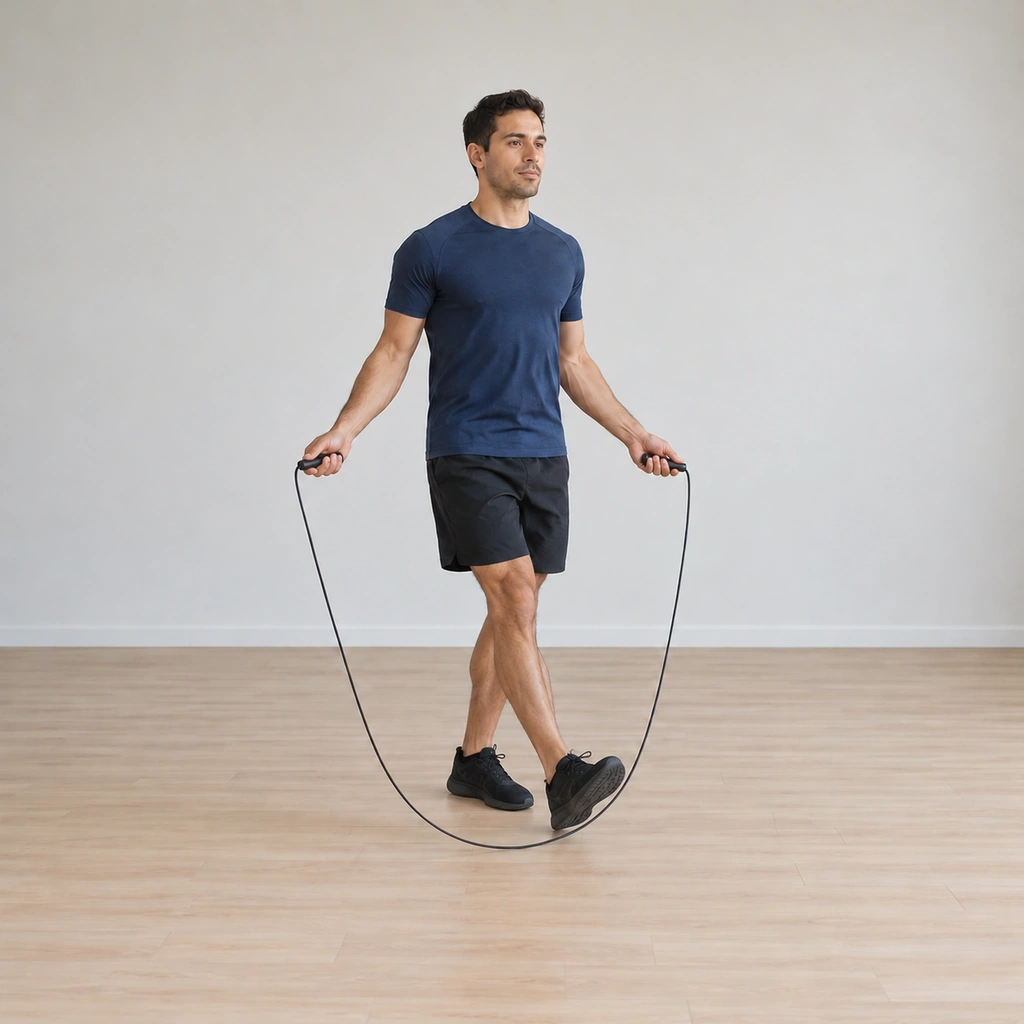 He lands inside the rope pass with his right heel tapping the floor ahead of him, leg straight at the tap, left foot planted under him.