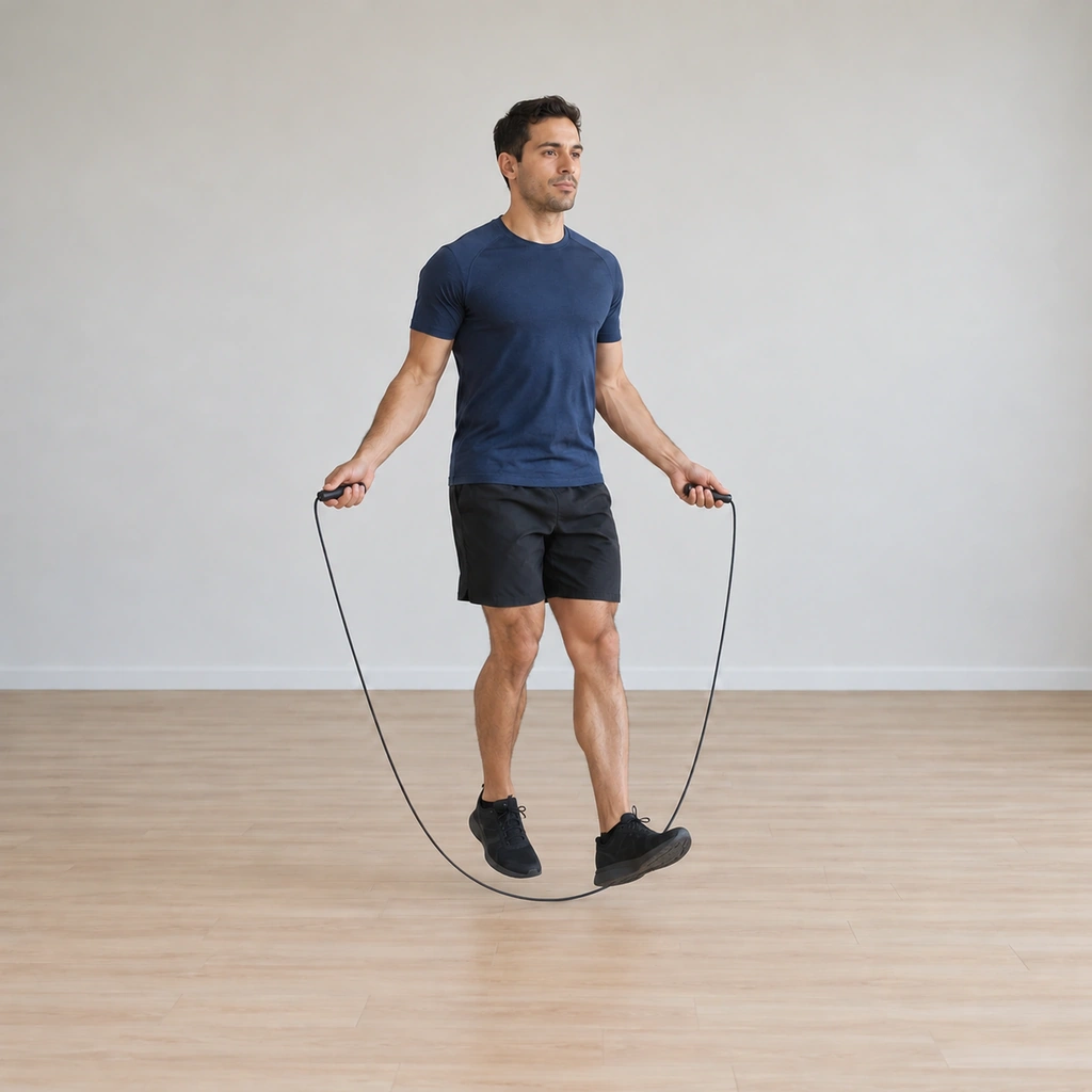 He continues the skip, the rope turning under him as one heel taps ahead again, the boxing-shuffle rhythm sustained.