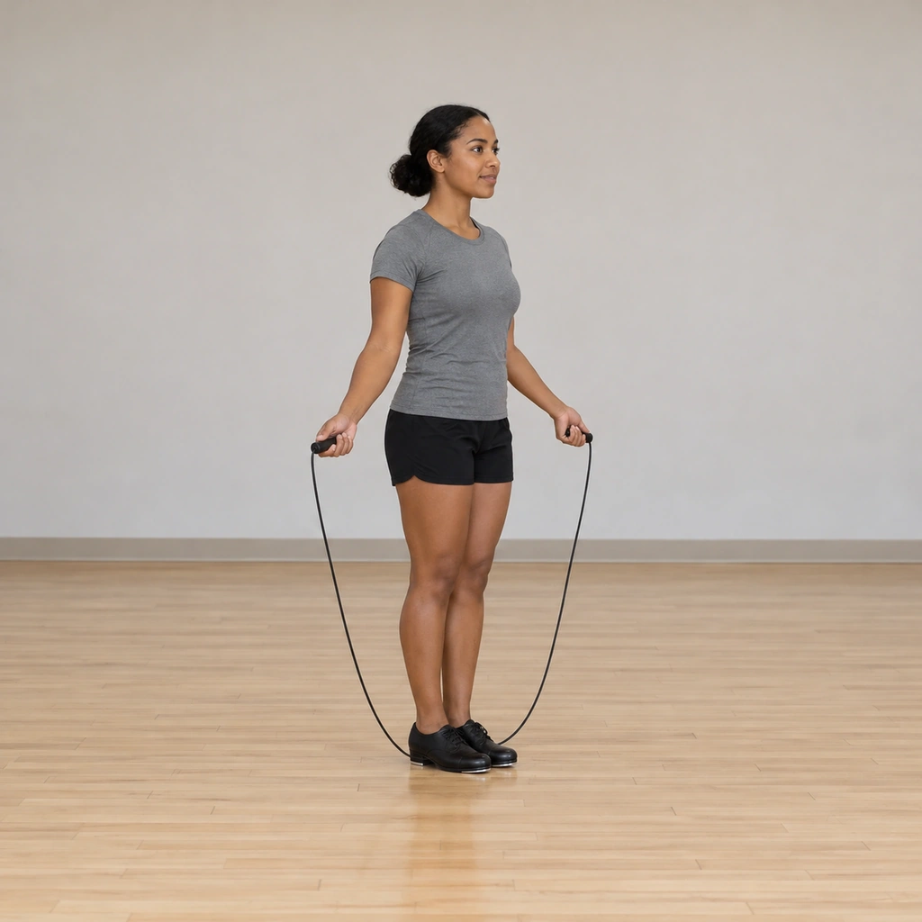 She stands holding the rope handles at hip height, the rope arcing behind her heels.