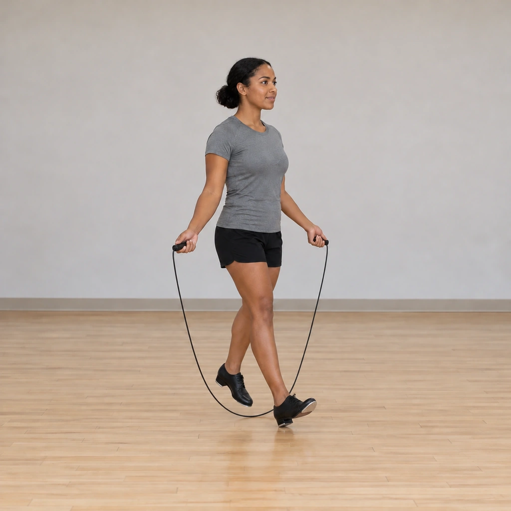 Her right heel touches the floor forward as her left foot hops the passing rope, the right leg extended.