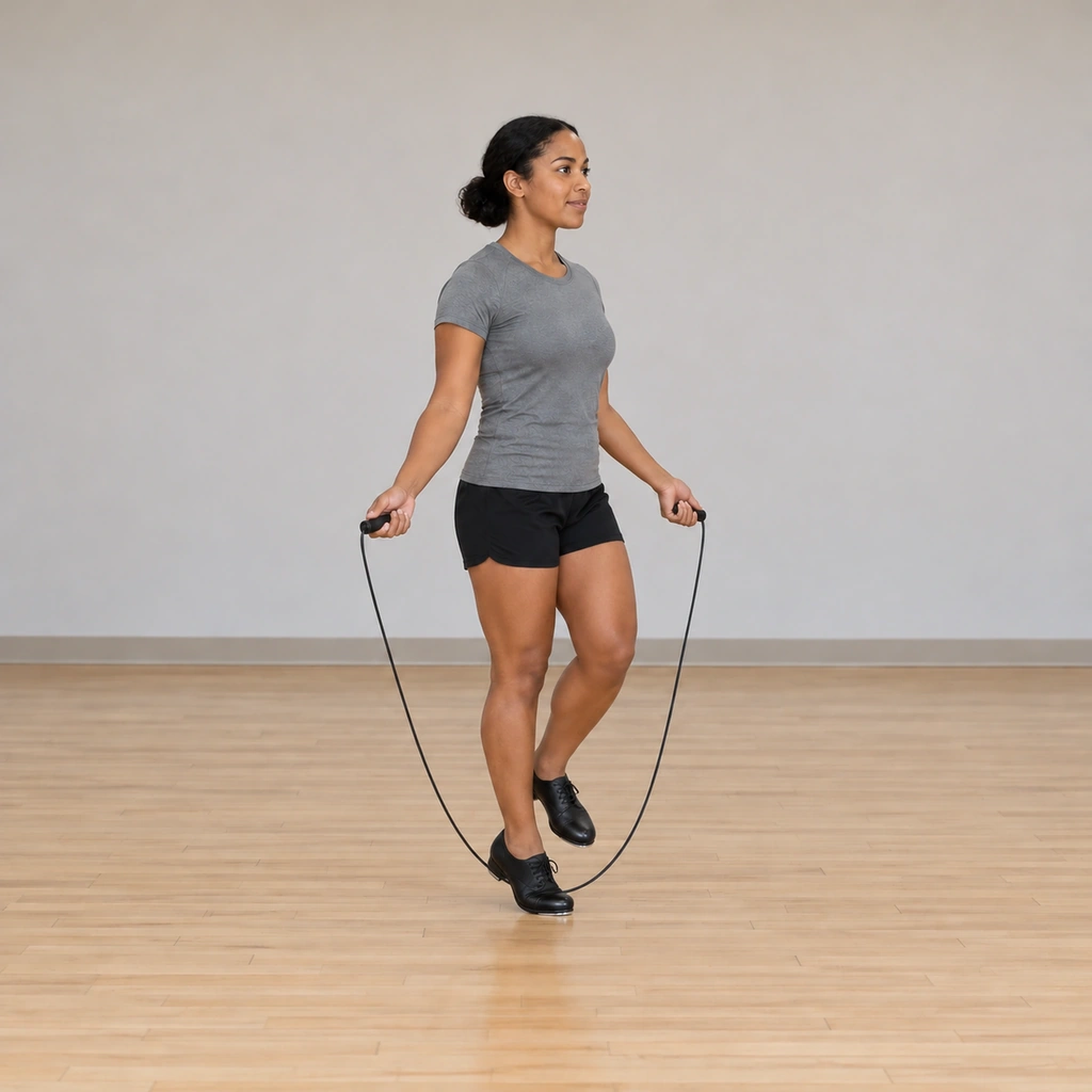 Her right toe touches the floor beside her left foot as the next rope pass clears, the right knee soft under her.