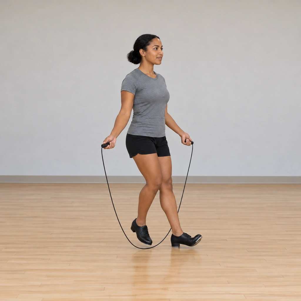 She alternates the working foot, the left heel touching forward then the left toe beside the right foot as the rope passes each hop.