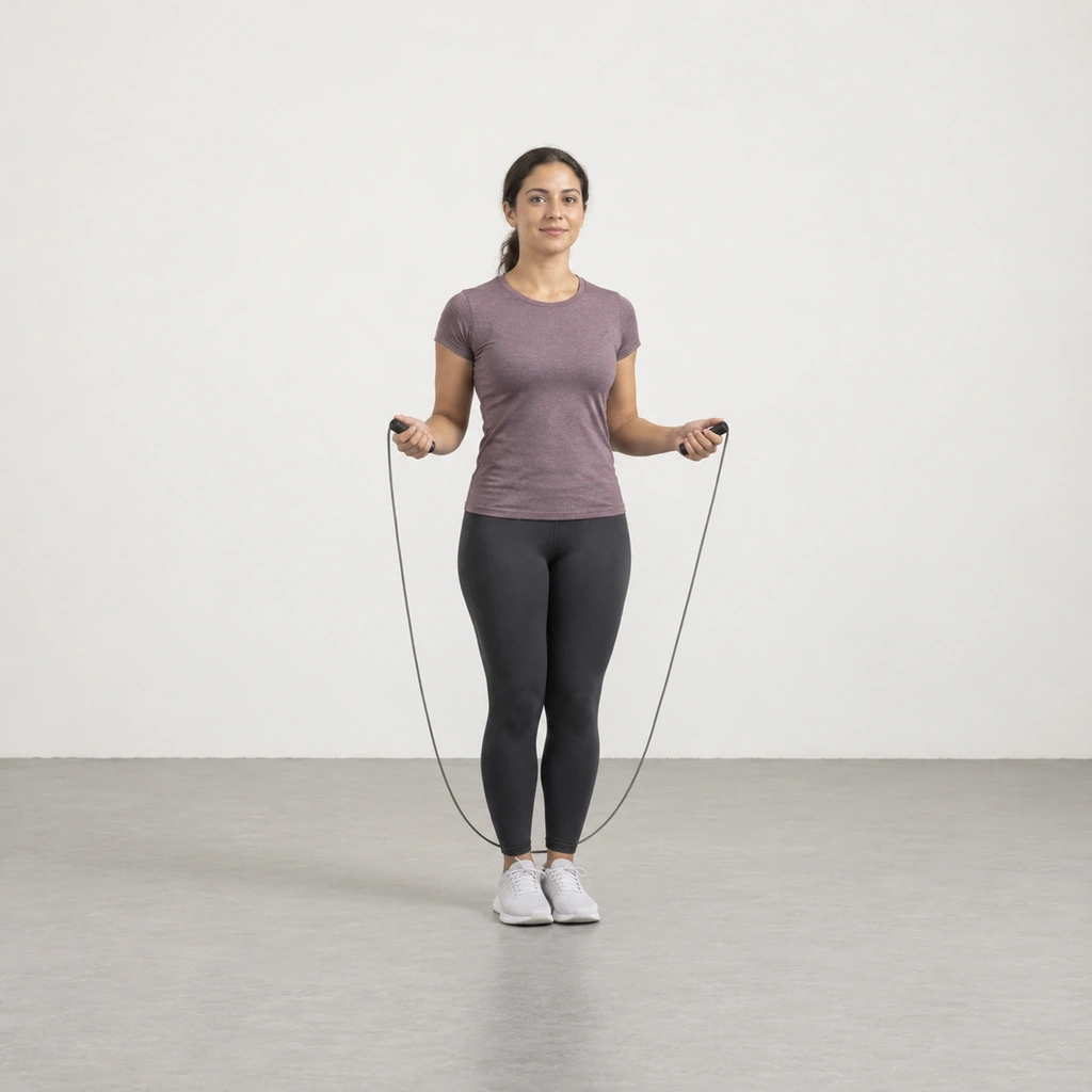 A woman standing tall facing the camera with a skipping rope looped behind her, its lowest curve resting on the backs of her ankles, holding the handles in front of her body.