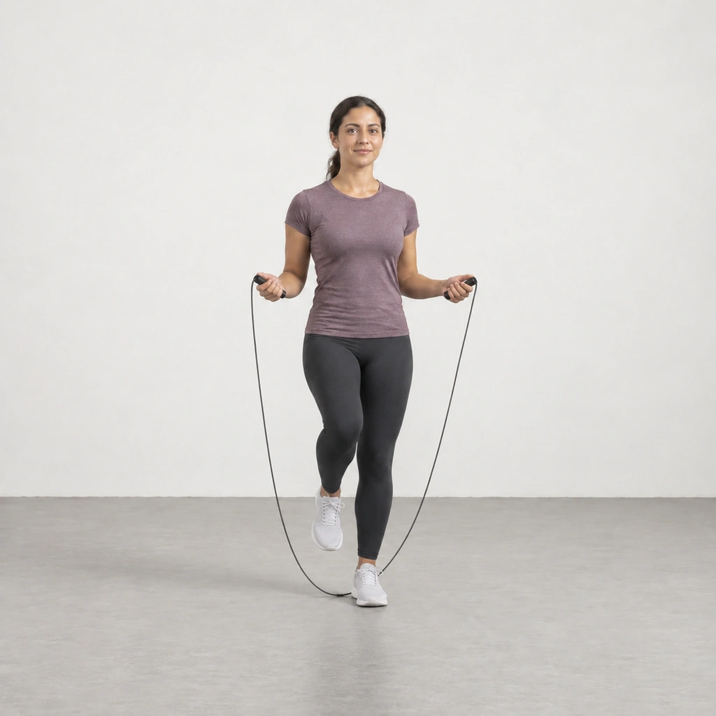 The same woman mid-jog facing the camera, her right foot lifted a little off the floor with the knee softly bent, the rope's lower arc sweeping beneath it at toe level, her left foot planted just behind the rope's line.