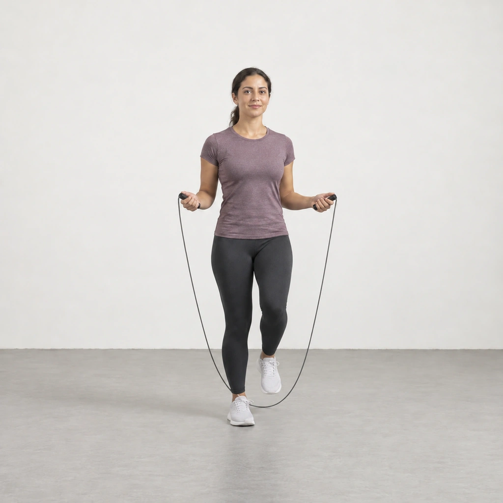 The same woman mid-jog facing the camera, her left foot lifted a little off the floor with the knee softly bent, the rope's lower arc sweeping beneath it at toe level, her right foot planted just behind the rope's line.