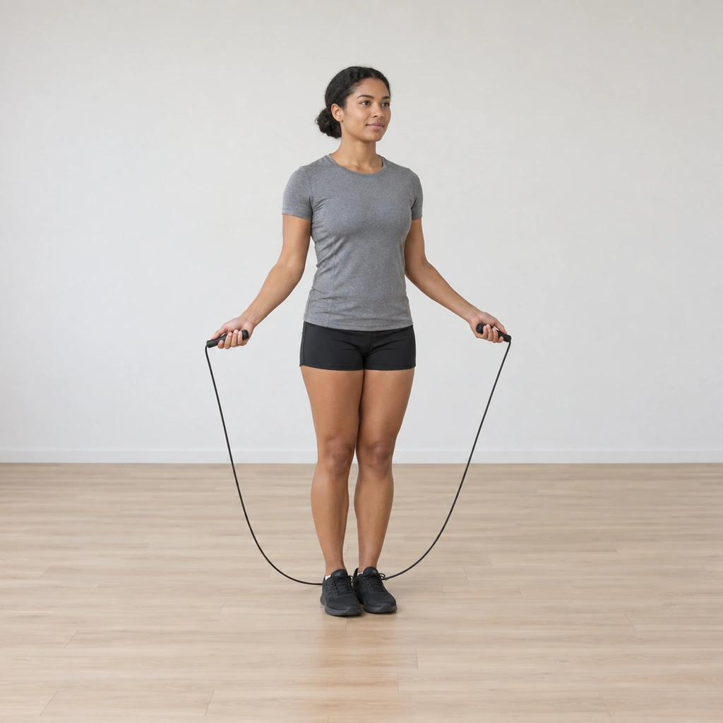 She stands ready: feet together under her, both rope handles held at hip height at her sides, the rope hanging behind her heels, eyes forward.