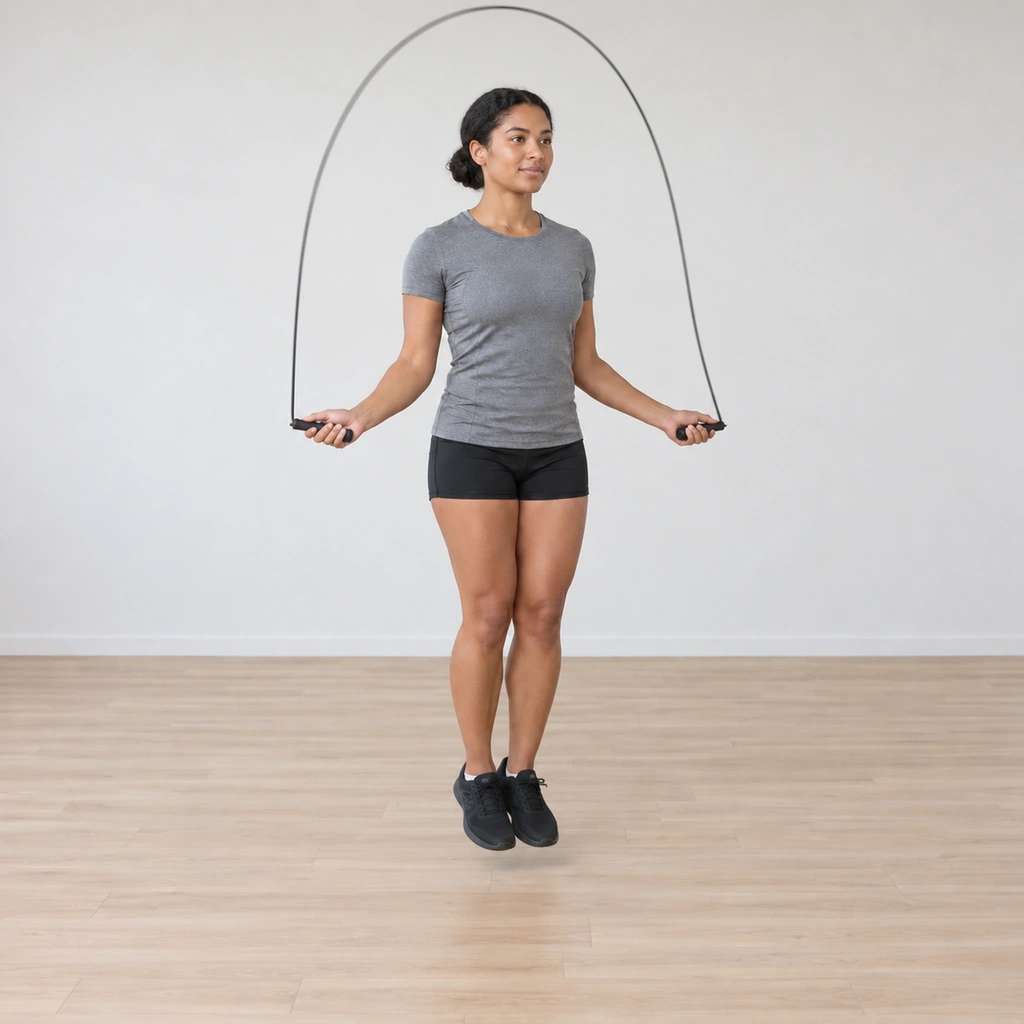 She is mid-turn: the rope arcing over her head toward her feet, her feet together just leaving the floor to let it pass, hands circling at hip height.