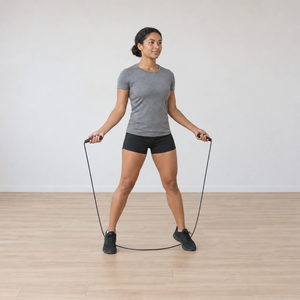 She lands wide: the rope passing under her feet, her feet planted wide apart on the balls of the feet, knees soft, the rope continuing its turn under and behind her.