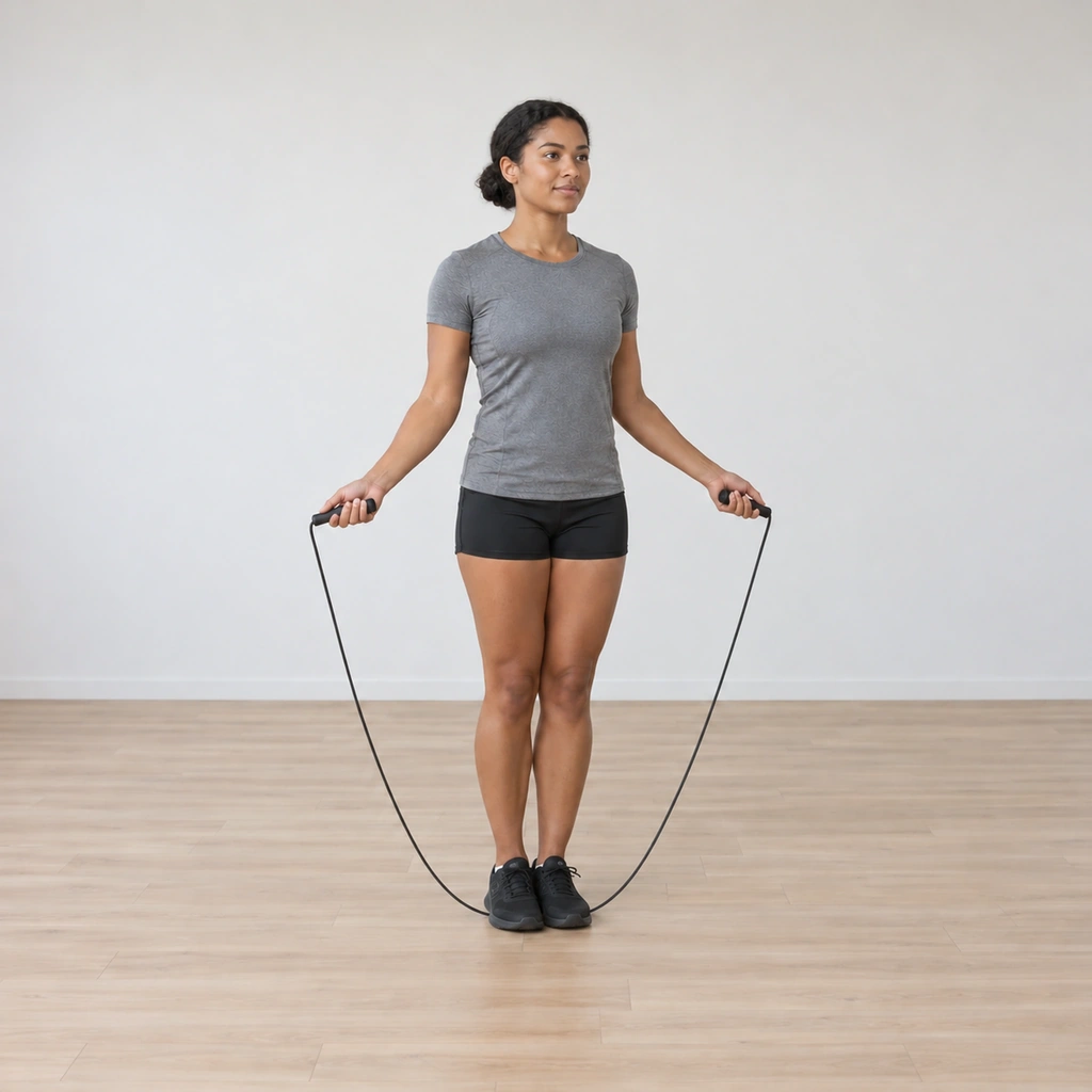 She lands narrow on the following turn: feet closed back together on the balls of the feet, the rope again passing under, hands still circling low, rhythm continuous.