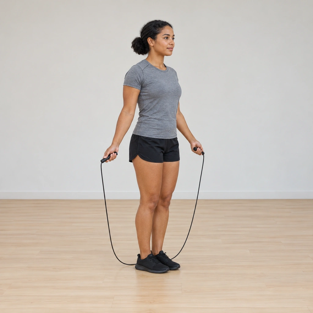 She stands tall with her feet level under her, the rope resting behind her heels; she holds one handle in each hand at hip height, ready to turn and step.