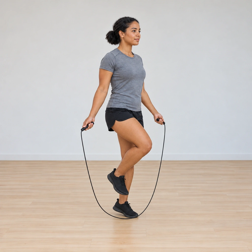 She is mid-stride on her left foot: her right foot lifted clear of the floor as the rope passes under it, her left knee soft on the support; her trunk stays tall.