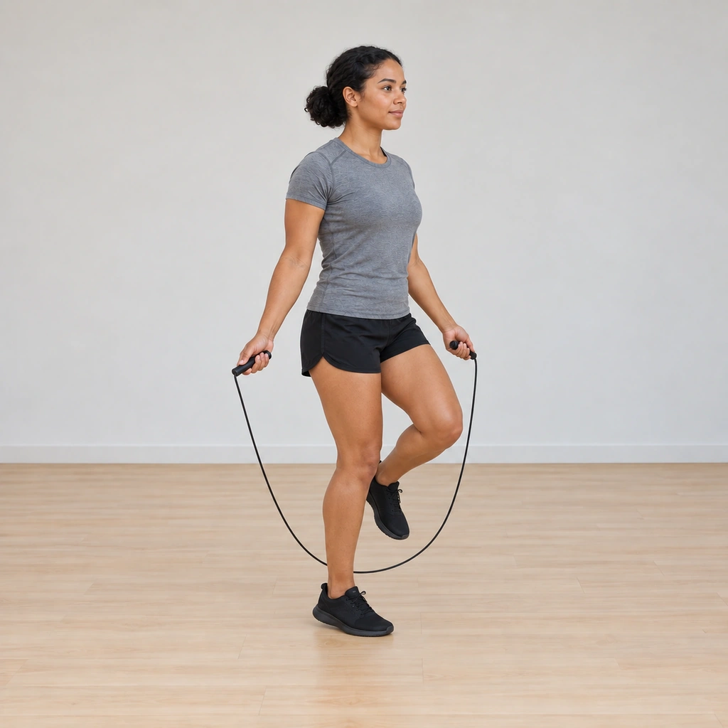She is mid-stride on her right foot now: her left foot lifted clear of the floor as the rope passes under it on the next turn, her right knee soft on the support; the alternation continues.