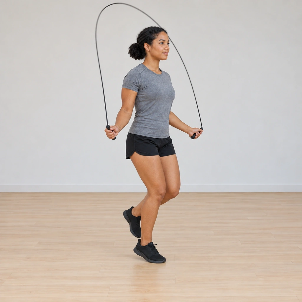 She holds the run-in-place cadence: feet alternating under her in a quick low pedal, the rope mid-arc continuing its turns, her trunk tall and her shoulders easy.