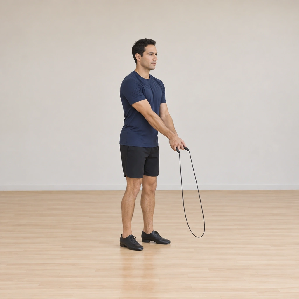 He stands with the rope held ready, both arms beginning to carry toward his left side.