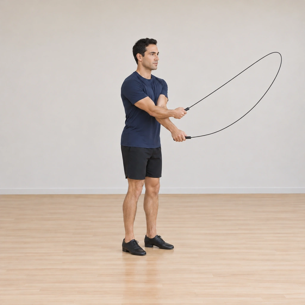 His hands cross over his body as the rope swings to the side, the forearms crossing in the side plane.