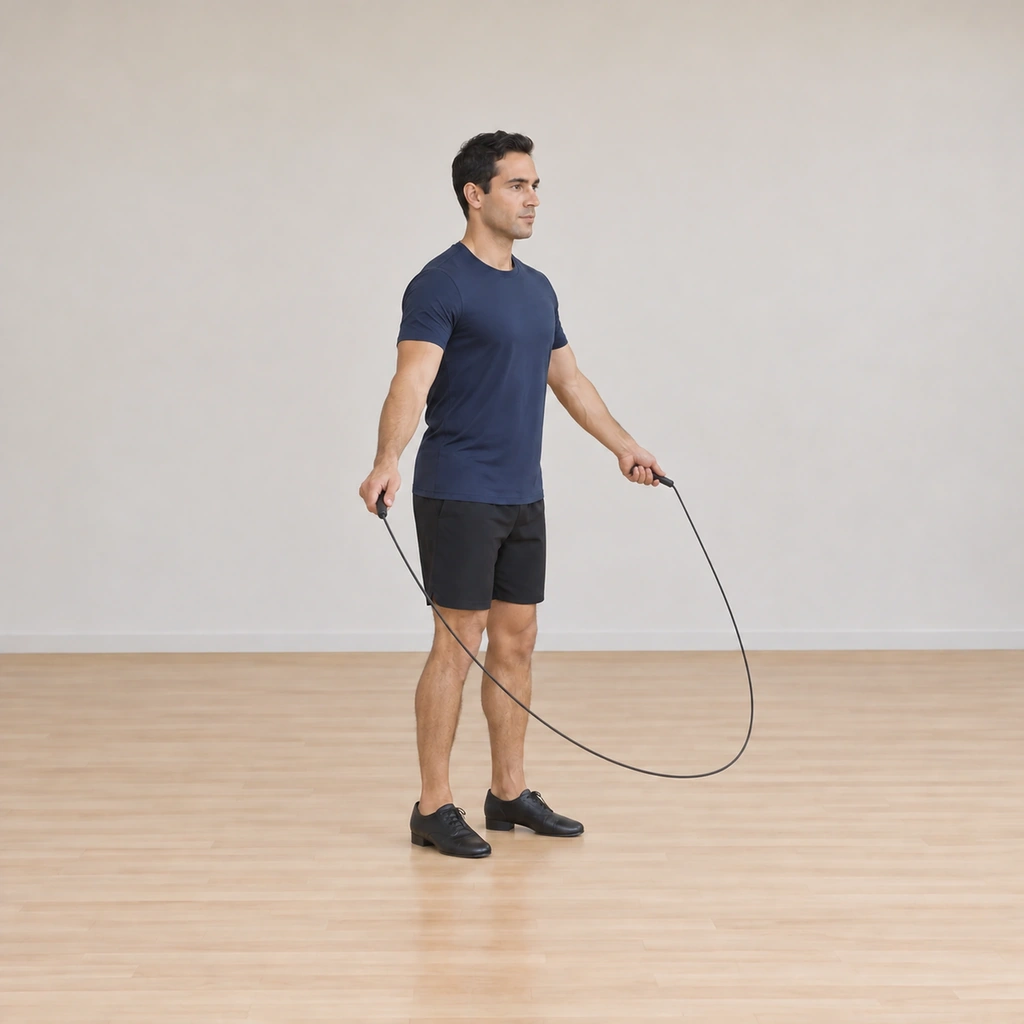 His hands open back out as the rope arc opens down toward his feet, the rope coming around for the jump.