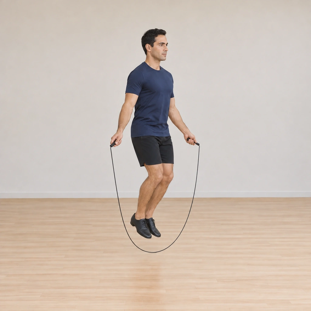He jumps through the rope as it passes beneath him, both feet leaving the floor under the arc.