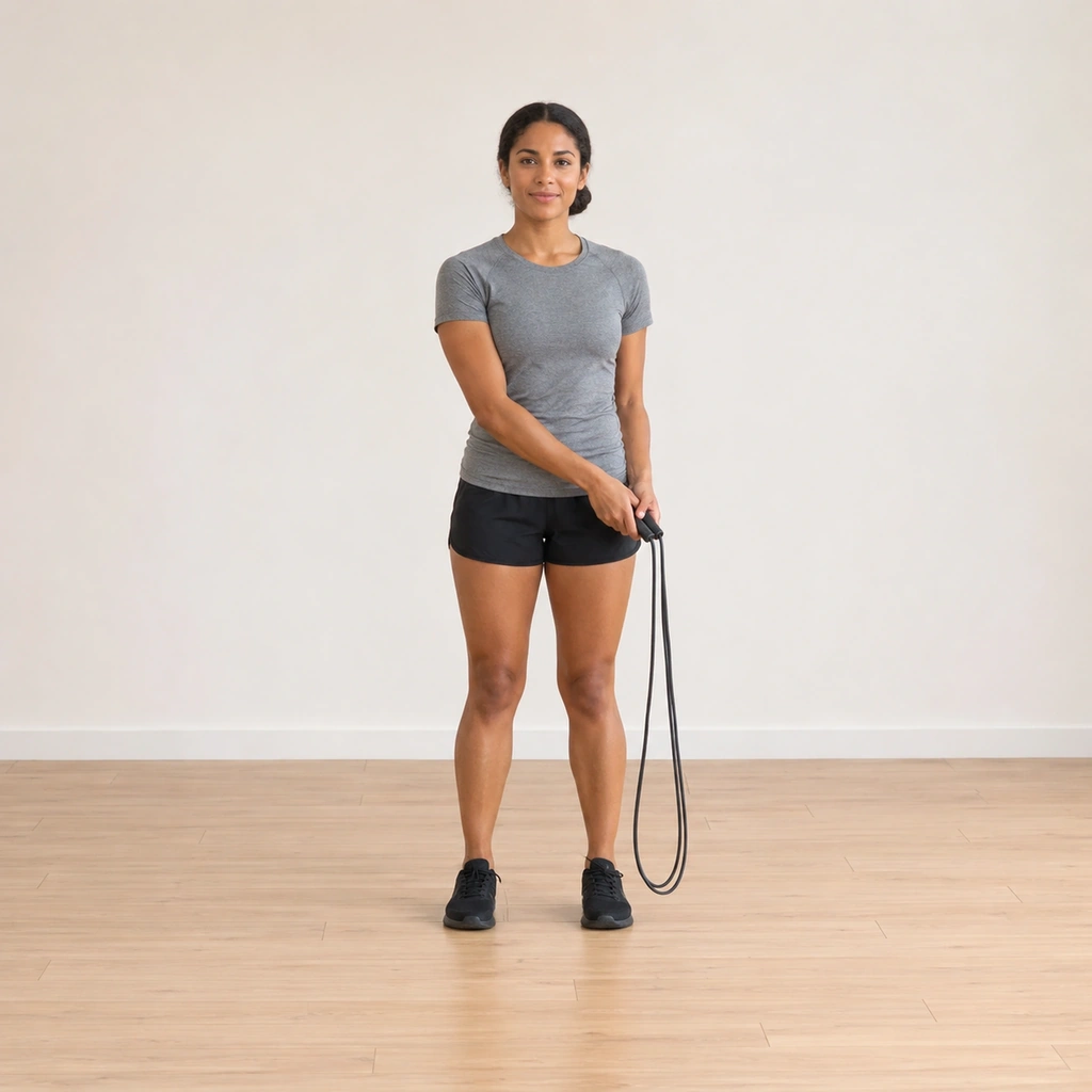She stands tall with both rope handles held together at one side, the rope gathered low beside her legs, ready to swing to the side.