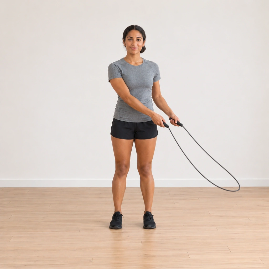 Her rope arcs along her left side beside her body, both hands guiding the swing on that side, feet still planted.