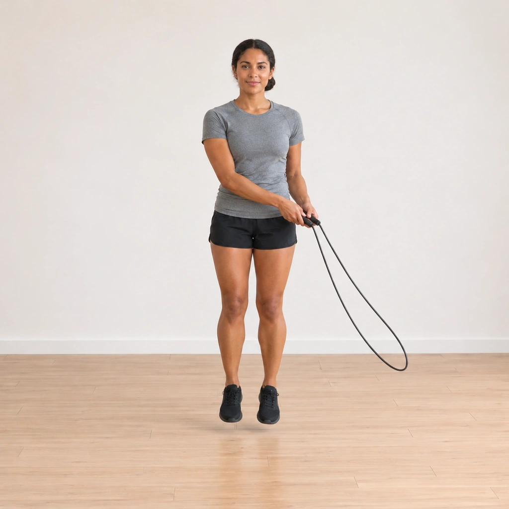 She repeats the alternating side swings with a light rhythmic hop, the rope travelling beside her body, never under her feet.