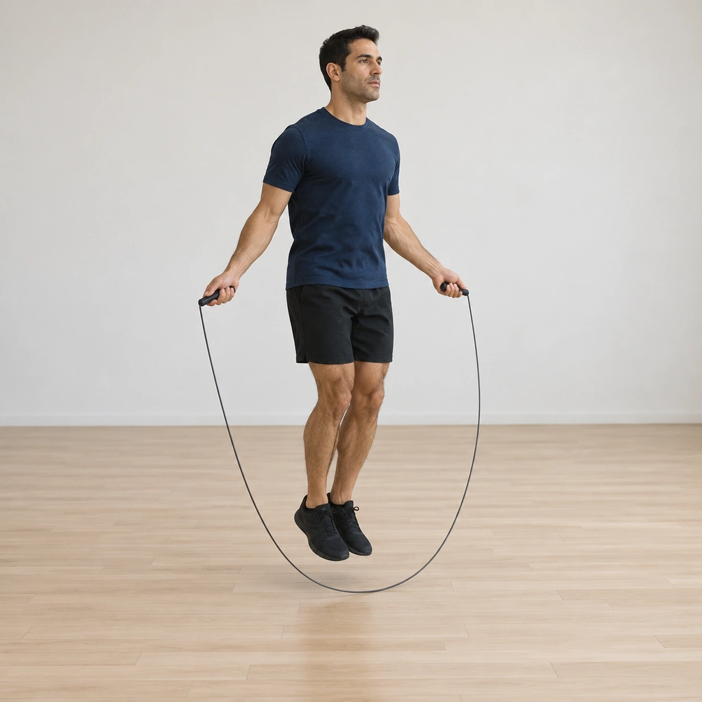 He is mid-skip over the turning rope, both feet under him, elbows near his sides, ready to lift onto one leg.